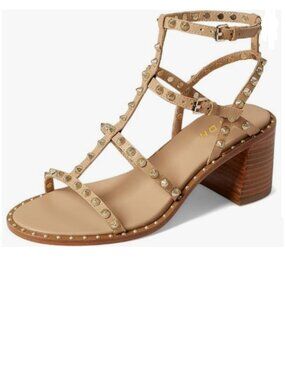 YDN Tan Sexy Strappy Open Toe Buckle Rivet Gladiator Chunky Mid Heels Sandals